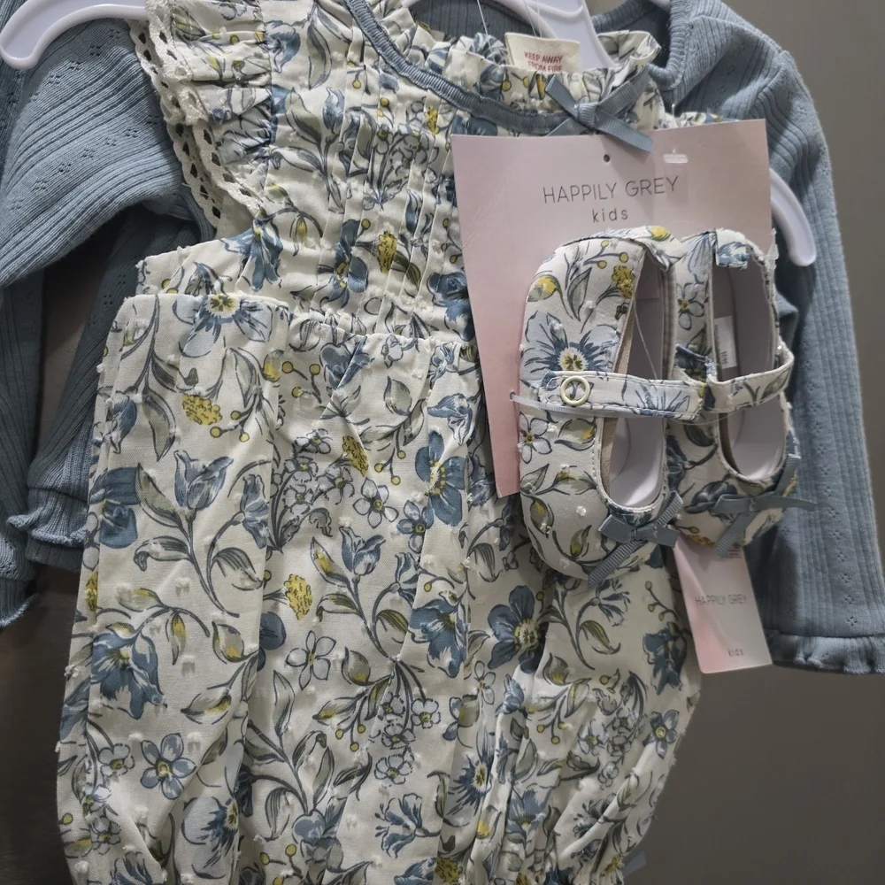 Happily Grey Kids Floral Bodysuit and Shoe Set - Blue and Yellow